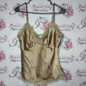 Poet camisole tank top gold shimmery fabric with lace detail and sequins beaded